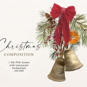 Puede incluir: Una composición navideña en acuarela con un lazo rojo, agujas de pino, bayas y dos campanas doradas. La imagen incluye el texto "Christmas Composition" y detalles sobre el formato del archivo.