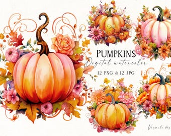 Floral Pumpkin Clipart Bundle: Thanksgiving PNG Graphics (Digital Download)