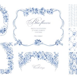 Op de afbeelding: Digitale illustraties met blauwe bloemmotieven. De afbeelding bevat verschillende frames, randen en patronen versierd met delicate blauwe bloemen. De tekst luidt "Blue flowers" en bevat 27 bloemelementen en 4 patronen.