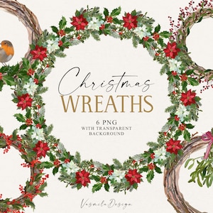 Op de afbeelding: Zes digitale kerstkransen met een transparante achtergrond. De kransen zijn gemaakt van dennentakken, hulst, rode bessen, witte bloemen en kerststerren. Twee roodborstjes zitten op een van de kransen.