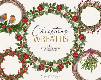 May include: Six digital Christmas wreaths with a transparent background. The wreaths are made of pine branches, holly, red berries, white flowers, and poinsettias. Two robins are perched on one of the wreaths.