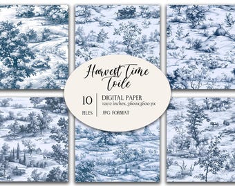May include: A collection of ten digital papers featuring a blue and white toile pattern with harvest scenes of pumpkins, wagons, and rural landscapes. The central label reads Harvest Time Toile, 10 files, digital paper, 12x12 inches, 3600x3600 px, JPG format.
