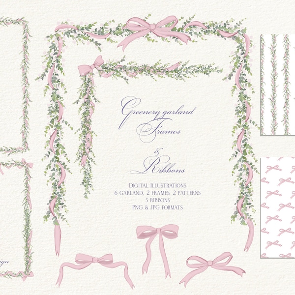 Greenery floral borders, Wedding flowers frames, Vintage style garlands, Digital seamless paper, Wedding clipart PNG