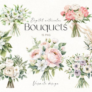 Buquês de casamento aquarela PNG, Buquês de flores Clipart, Clipart floral, Buquê de noiva PNG, Festa de despedida de solteira PNG, Gráficos de casamento