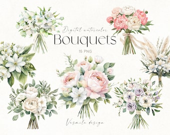 Bouquet da sposa acquerello PNG, Clipart di bouquet di fiori, Clipart floreali, Bouquet da sposa PNG, Addio al nubilato PNG, Grafica per matrimoni