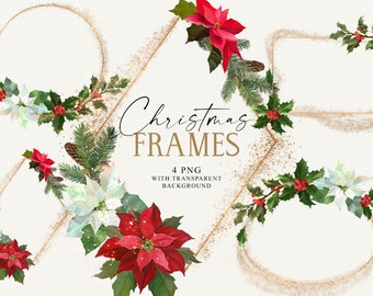 May include: Four digital frames featuring Christmas floral arrangements with poinsettia, holly, and pine branches. The frames are gold with a glittery texture and have a white background.