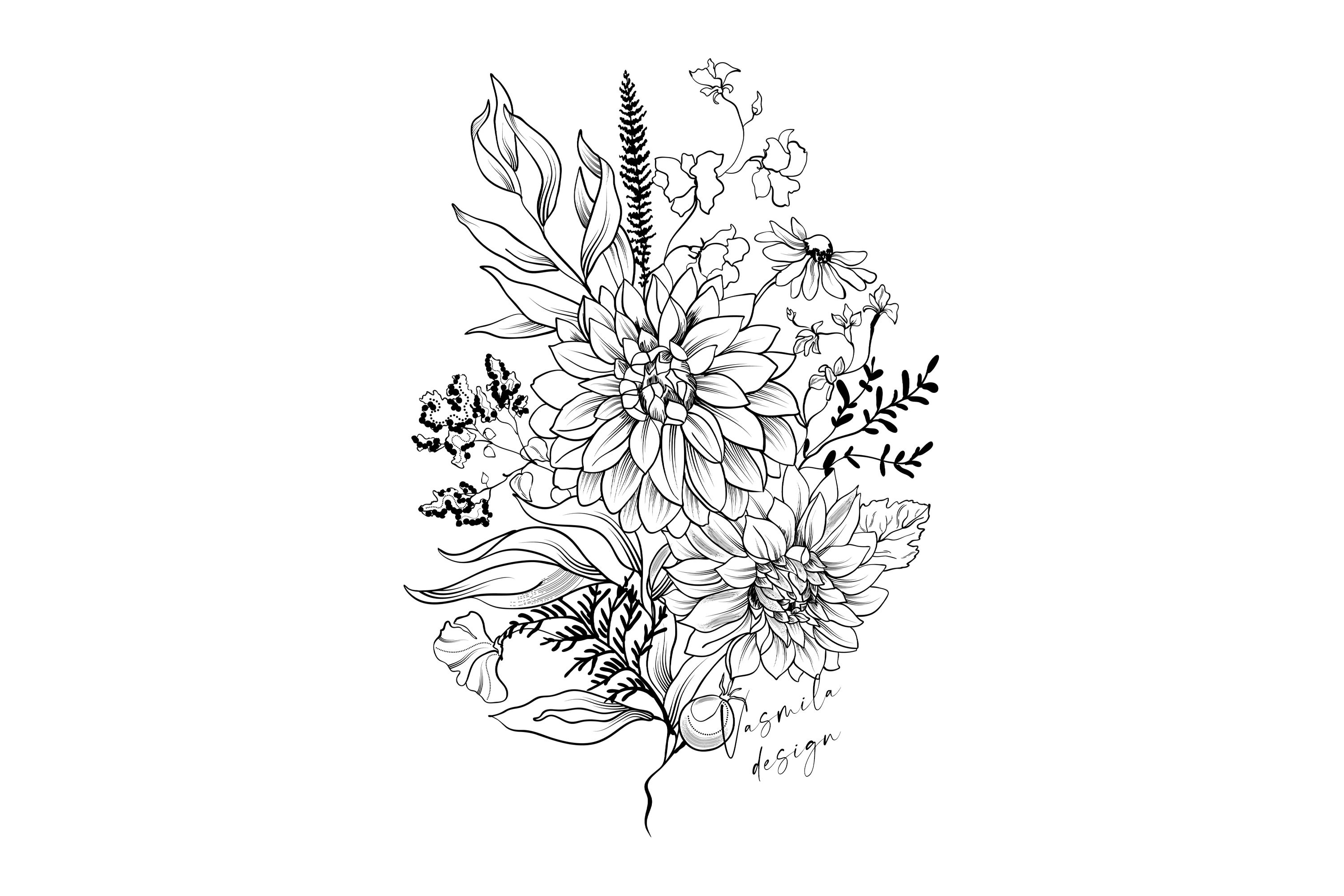 Floral Line Art Bouquet SVG, Black Contour Flowers, Sketch Bouquet