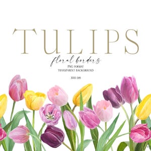 Bordure di fiori con tulipani in fiore PNG, Bordure floreali senza soluzione di continuità, Cornici di fiori di tulipano PNG, Grafica per matrimoni, Fiori disegnati a mano, Non generato dall'IA