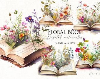 Floral Book Watercolor Clipart: Vintage Flower PNG (Digital Download)