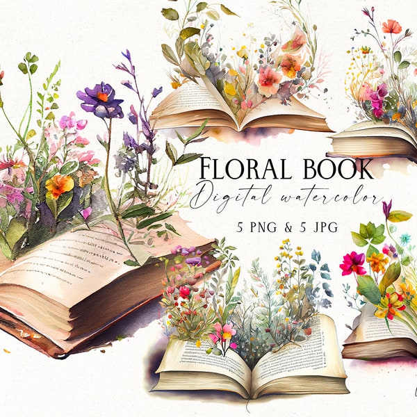 Flower watercolor books clipart PNG, book with flowers, vintage floral book, floral book wedding invitation, digital download