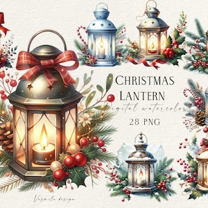 Watercolor Christmas Lantern Clipart: Holiday PNG Bundle (Digital Download)