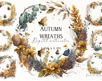 May include: A set of 8 watercolor autumn wreaths featuring fall foliage, flowers, and butterflies. The wreaths are in shades of brown, yellow, and blue. The text "AUTUMN WREATHS Digital watercolor 8 PNG & 8 JPG" is displayed in the center of the image.