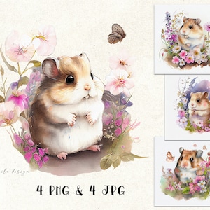 Aquarelle mignon hamster en fleurs, fleurs sauvages et petit hamster PNG, Clipart floral hamsters, mignon bébé animaux PNG, sublimation animale