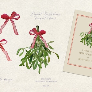 May include: A digital illustration of a mistletoe sprig with a red bow. The mistletoe is tied with a red ribbon and has white berries. The illustration is on a white background. The text "I wish you a Merry Christmas & Happy New Year!" is written on a card with a red border.