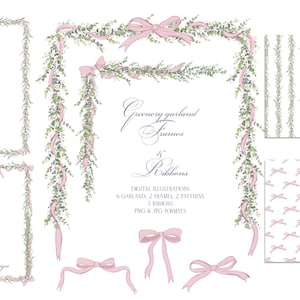 May include: Digital illustrations featuring greenery garland frames and ribbons. The design includes six garlands, two frames, two patterns, and five ribbons. The color palette includes green, pink, and white elements. The text reads "Greenery garland Frames & Ribbons".
