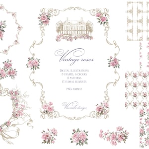 Aquarell Rosensträuße und Rahmen PNG, Vintage-Stil Blumengrafiken, Blumen Hochzeit Clipart, Nahtlose Muster PNG, DIY Hochzeit Clipart