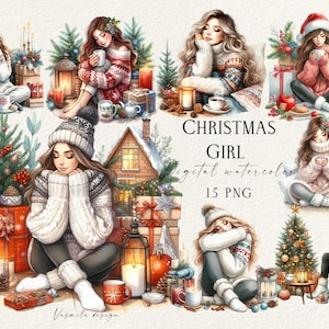 Christmas Girl Clipart, cozy Girl PNG Clipart Bundle, Girl with Coffee Cup, Cozy Winter Scene, Watercolor Winter Decoration Clipart