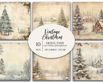 May include: A collection of 10 digital paper files featuring vintage Christmas scenes with snowy landscapes, decorated pine trees, and rustic houses. The text reads Vintage Christmas, 10 FILES, 12x12 inches, 3600x3600 px, JPG FORMAT, 300 DPI.