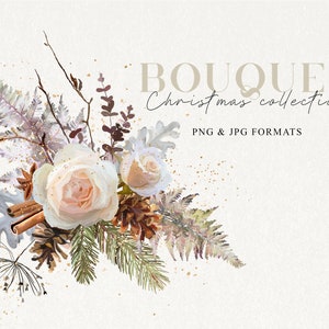 Floral Bouquet Png, Rose Flowers Wedding Clipart, Christmas Rose Garland Png, Arranjo de férias de inverno, Desenhado à mão, Não gerado por IA
