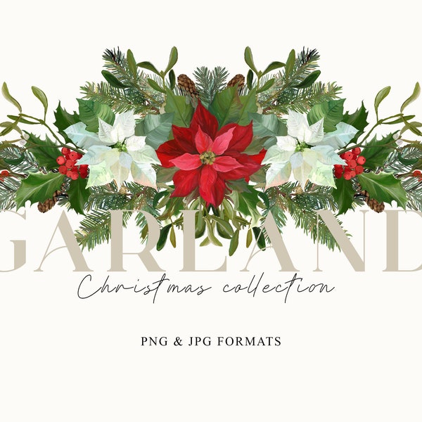 Christmas floral Garland PNG, Poinsettia flowers clipart, Winter floral Border, New Year sublimation, Wedding graphics, Digital download
