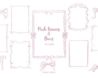 Watercolor Pink Frames & Bows Clipart: Wedding DIY PNG (Digital Download)