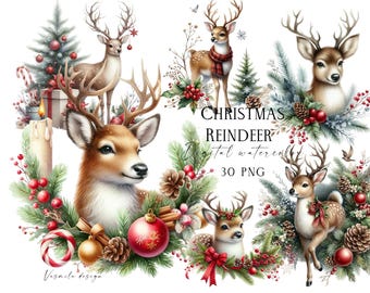 Watercolor Christmas Reindeer Clipart: Holiday PNG Bundle (30 Files)