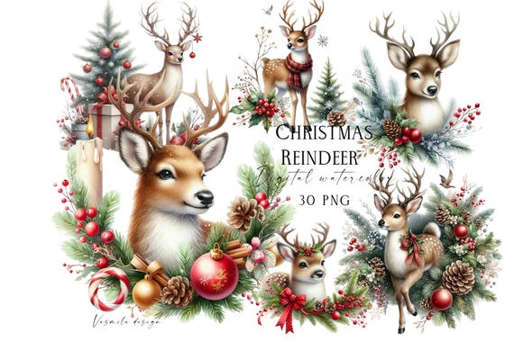 Watercolor Christmas Reindeer Clipart: Holiday PNG Bundle (30 Files)