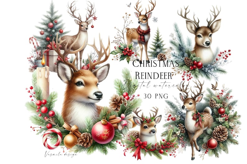 Watercolor Christmas Reindeer Clipart: Holiday PNG Bundle (30 Files) image 1