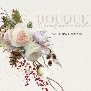 Buquê floral Png, clipart de casamento de flor rosa, guirlanda de rosa de Natal Png, sublimação de férias de inverno, desenhado à mão, não gerado por IA