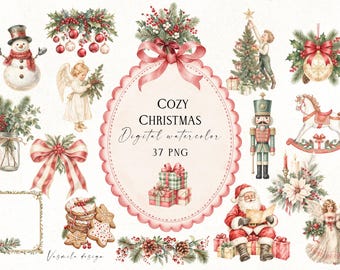 May include: A collection of watercolor Christmas illustrations featuring a snowman, an angel, a nutcracker, Santa Claus, a rocking horse, gifts, pine branches, and berries. A central scalloped oval frame displays the text COZY CHRISTMAS Digital watercolor 37 PNG.