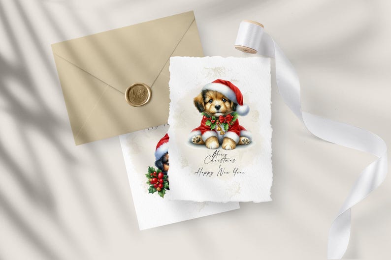 May include: Christmas greeting cards featuring a watercolor illustration of a puppy wearing a Santa hat and red coat. The cards have the text "Merry Christmas & Happy New Year". A beige envelope with a gold seal and white ribbon are also in the image.