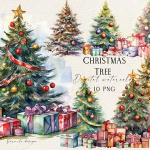Albero di Natale ad acquerello in formato PNG, Clipart di decorazioni natalizie, Albero di Natale in sublimazione, Clipart di Natale in formato PNG, Decorazioni natalizie per le feste