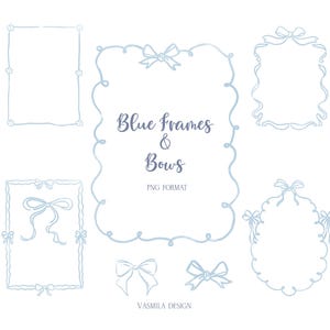Pode incluir: Uma coleção de molduras e laços azuis claros em formato PNG. A imagem apresenta várias formas de molduras, incluindo designs retangulares e ovais, cada um adornado com delicados detalhes de laço. O texto "Blue Frames & Bows" é exibido no centro.