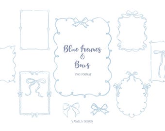 Könnte beinhalten: Eine Sammlung hellblauer Rahmen und Schleifen im PNG-Format. Das Bild zeigt verschiedene Rahmenformen, darunter rechteckige und ovale Designs, die jeweils mit zarten Schleifen verziert sind. Der Text "Blue Frames & Bows" wird in der Mitte angezeigt.