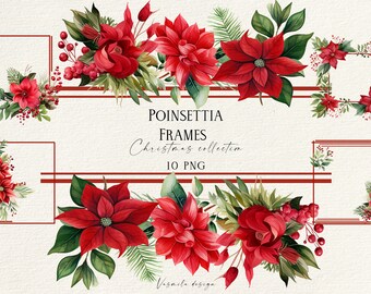 Watercolor Poinsettia Frames PNG: Christmas Floral Borders (Digital Download)