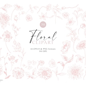 50 Elementos Botânicos Rosa PNG, Clipart de Arte de Linha Floral, Flores e Plantas Vetoriais Desenhadas à Mão, Gráfico de Casamento, Download Digital