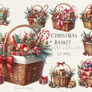 Weihnachtskorb Clipart, Korb PNG Clipart Bundle, Weihnachtsstechpalme und Korb PNG, Aquarell Winter Dekoration Clipart