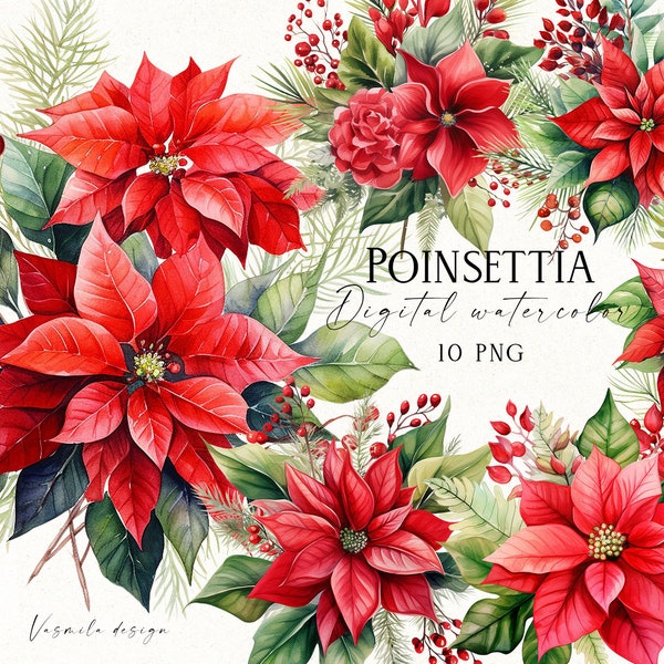 Watercolor Poinsettia Bouquets, Poinsettia PNG, Christmas Flower Clipart PNG, Poinsettia Floral Bandl, Winter Red Flowers, Digital Download