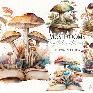 Cogumelos e livros em aquarela, Arranjos de cogumelos PNG, Conjunto de buquê de outono, Outono em aquarela, Sublimação de outono, Download digital