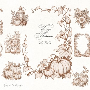 Può includere: Una collezione di illustrazioni a inchiostro marrone con zucche, foglie autunnali, composizioni floreali e cornici decorative. Il testo recita Vintage Autumn 25 PNG e Vesnila design. Questi disegni al tratto dettagliati mostrano elementi botanici.
