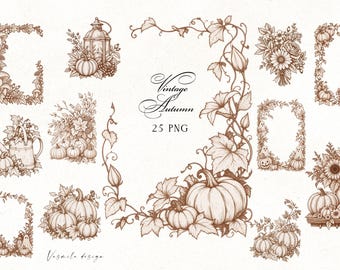 Autumn Vintage Graphic Collection PNG, Autumn Borders PNG, Fall Hand Drawn Frames, Halloween Line Art Graphic Arts
