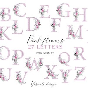 Letras prediseñadas florales Png, elementos de texto con flores, gráficos para bodas, letras y ramos de flores rosas, descarga digital