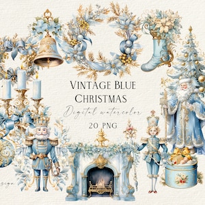 Aquarel blauwe kerst png, kerst vintage clipartbundel, aquarel notenkrakers clipart png, vintage kerstafbeeldingen