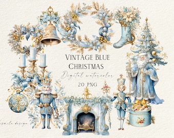 May include: A digital watercolor illustration with a vintage blue Christmas theme. The image features a wreath, bell, Christmas tree, Santa Claus, nutcrackers, and a fireplace, all in shades of blue and gold. Text reads "Vintage Blue Christmas".