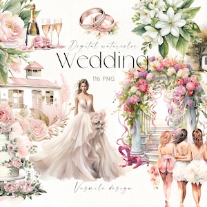 116 PNG Clipart de boda, paquete de boda en acuarela, clipart del día de la boda, PNG de boda, clipart de novia, anillo, celebración, lugar de celebración de la boda