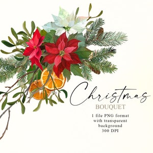 Buquê de Natal Png, Ramos de abeto e flores de poinsétia Png, Clipart de buquê de inverno, Desenhado à mão, Não gerado por IA