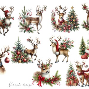 May include: A set of ten digital illustrations featuring cute cartoon deer with Christmas decorations. The deer are wearing Santa hats, scarves, and wreaths. The illustrations are perfect for adding a festive touch to your holiday projects.