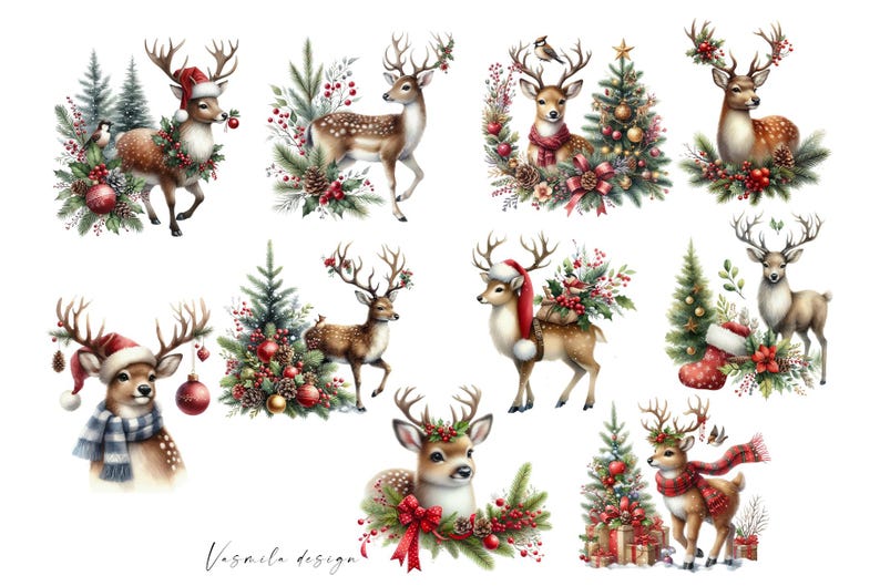 May include: A set of ten digital illustrations featuring cute cartoon deer with Christmas decorations. The deer are wearing Santa hats, scarves, and wreaths. The illustrations are perfect for adding a festive touch to your holiday projects.