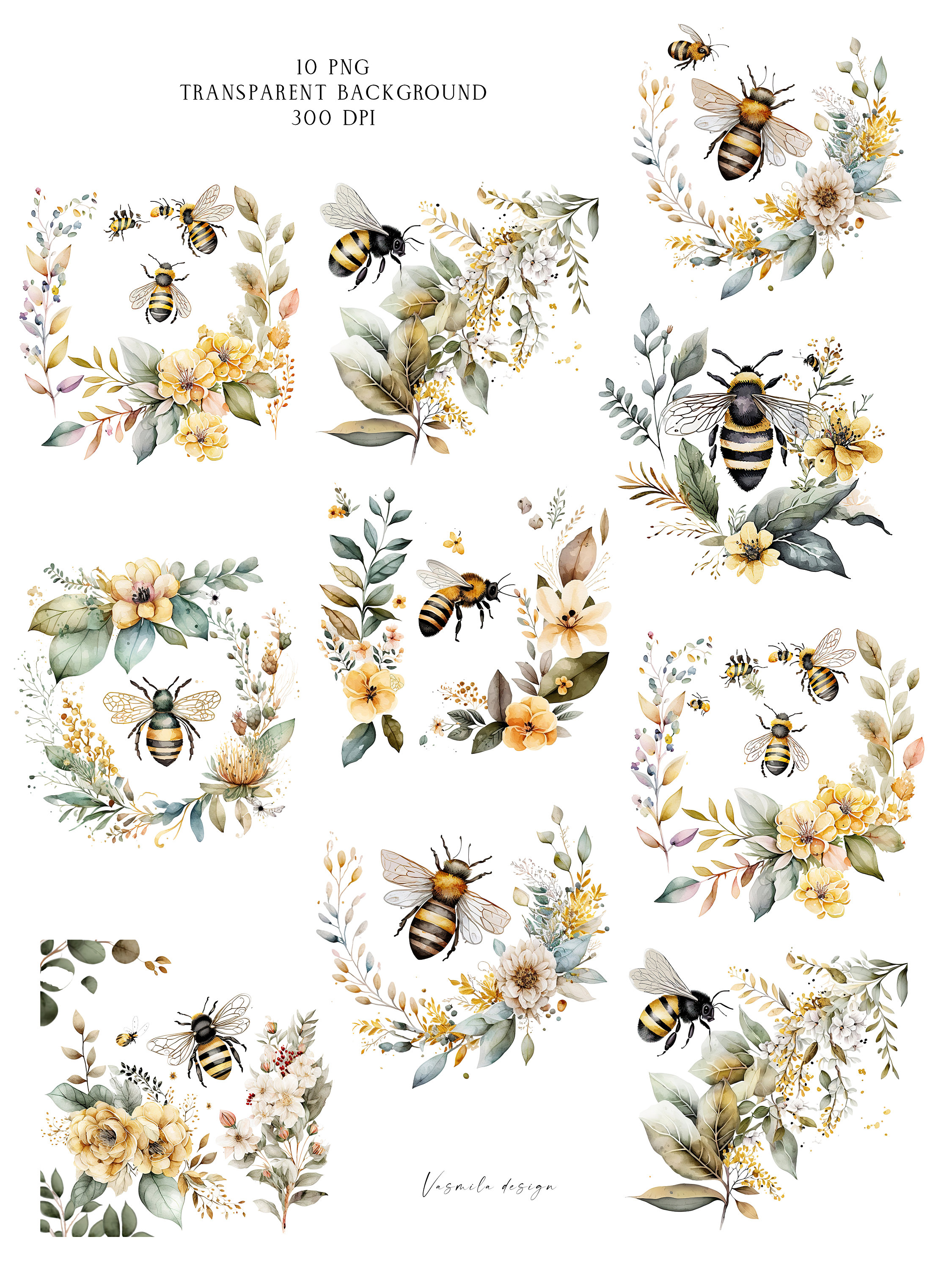 Watercolor Bee Floral Clipart PNG Printable Watercolor Yellow - Etsy
