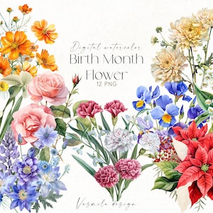 Clipart de flores do mês de nascimento, flores de aniversário PNG, clipart floral em aquarela, ilustração floral do mês, flor do mês de nascimento faça você mesmo